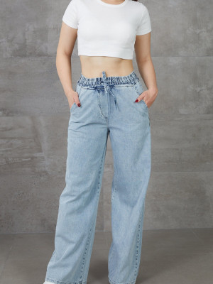 Kadın Beli Lastikli Rahat Kesim Kot Pantolon