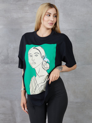 Kadın Silüet Baskılı Bisiklet Yaka Oversize T-shirt Kadın Silüet Baskılı Bisiklet Yaka Oversize T-shirt
