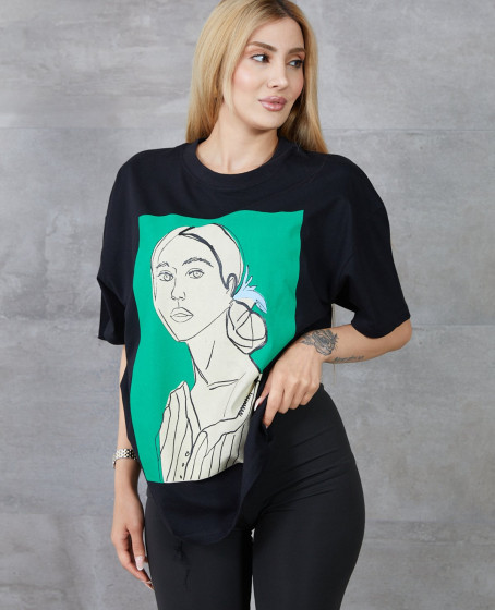 Kadın Silüet Baskılı Bisiklet Yaka Oversize T-shirt Kadın Silüet Baskılı Bisiklet Yaka Oversize T-shirt