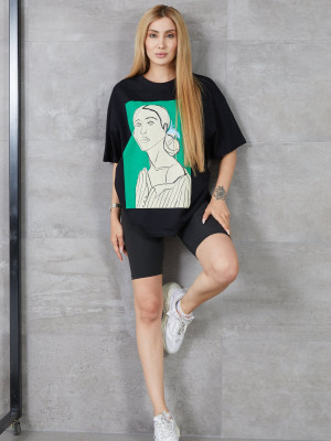 Kadın Silüet Baskılı Bisiklet Yaka Oversize T-shirt