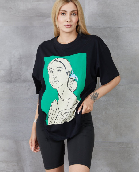 Kadın Silüet Baskılı Bisiklet Yaka Oversize T-shirt Kadın Silüet Baskılı Bisiklet Yaka Oversize T-shirt