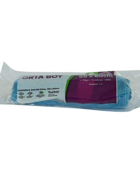 Çöp Torbası Orta Boy 55x60Cm 70Gr 11Mikron 30Lt Mavi Rulo 20 Adet