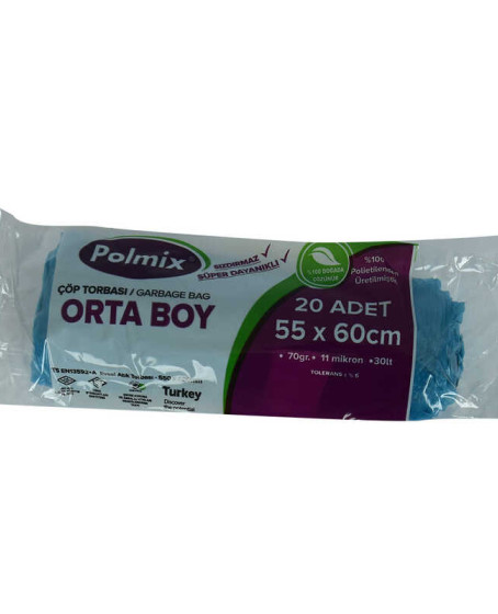 Çöp Torbası Orta Boy 55x60Cm 70Gr 11Mikron 30Lt Mavi Rulo 20 Adet