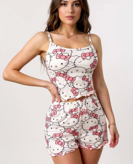 Hello Kitty Baskılı Askılı Şortlu Pijama Hello Kitty Baskılı Askılı Şortlu Pijama
