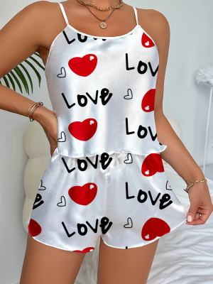 Love Desenli  Saten Şortlu Gecelik
