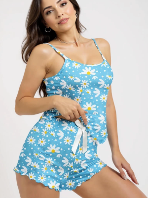 Papatya Baskılı Mavi Askılı Şortlu Pijama