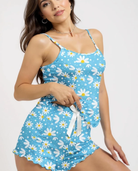 Papatya Baskılı Mavi Askılı Şortlu Pijama