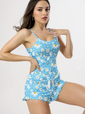 Papatya Baskılı Mavi Askılı Şortlu Pijama