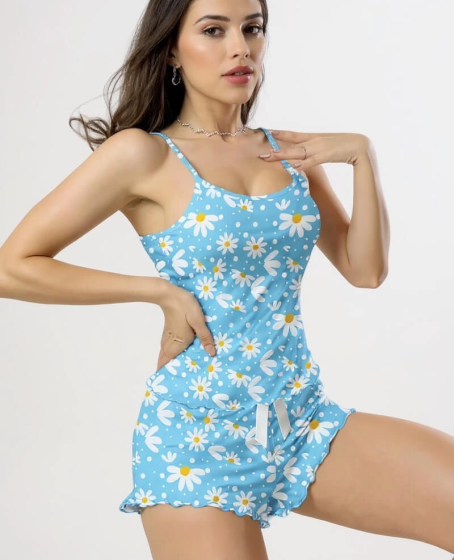 Papatya Baskılı Mavi Askılı Şortlu Pijama
