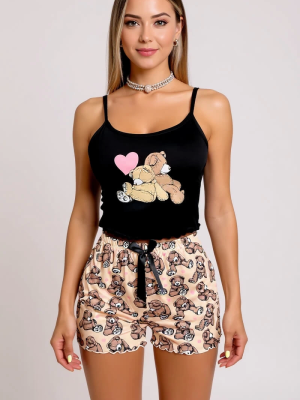 Ayıcık Desenli Askılı Şortlu Kadın Pijama