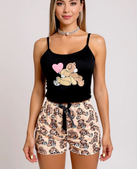 Ayıcık Desenli Askılı Şortlu Kadın Pijama