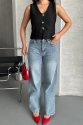 Palazzo straight kar yıkama jeans pantolon mavi Palazzo straight kar yıkama jeans pantolon mavi