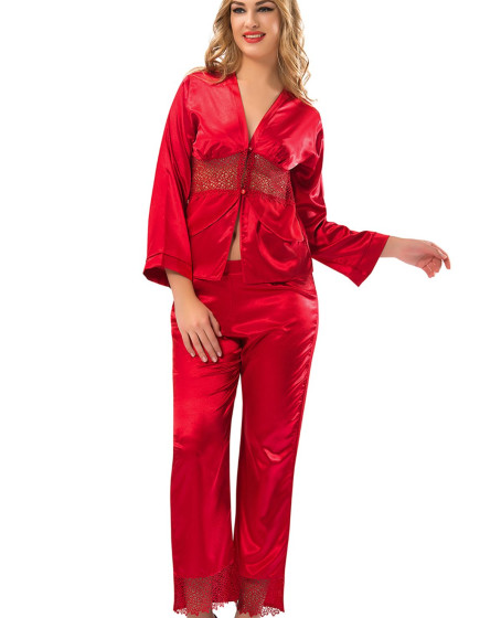 Kırmızı Saten Pijama Takımı