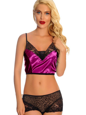 Mor Saten Dantelli Babydoll Şortlu Takım