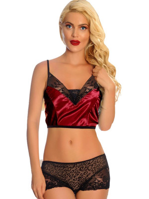 Bordo Saten Dantelli Babydoll Şortlu Takım