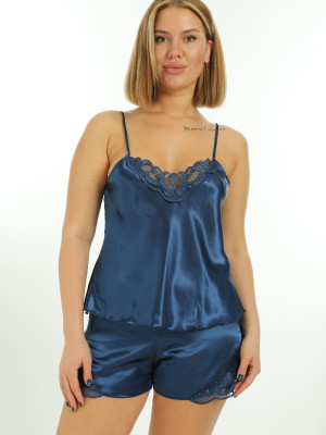 Lacivert Saten Babydoll Şortlu Takım