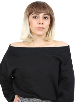 Kısa Küt Perçemli Fiber Sentetik Peruk / Kumral / Platin Ombreli