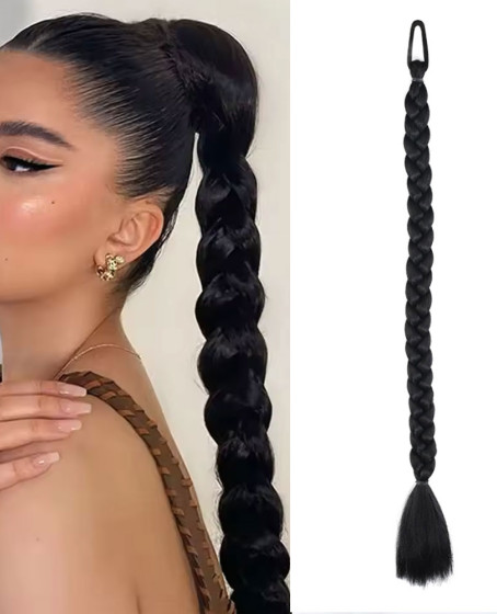İkili Örgü Lastik Tokalı At Kuyruğu / Siyah