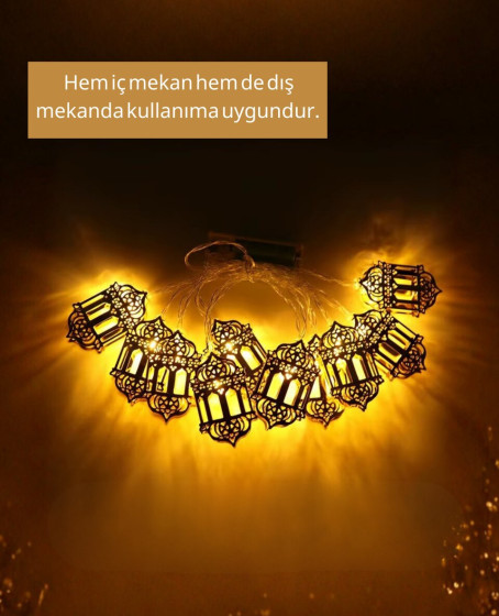 Pilli Ramazan Işıkları Altın Renk Fener Figürlü LED Süsleme