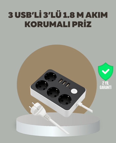 4 Prizli 3 USB Portlu Anahtarlı Akım Korumalı Priz