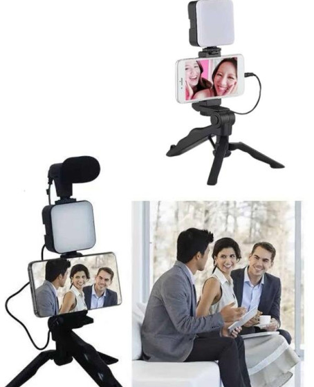 Telefon Tutucu Led Işıklı Kumandalı Mikrofon Telefon Vlog Video Kayıt