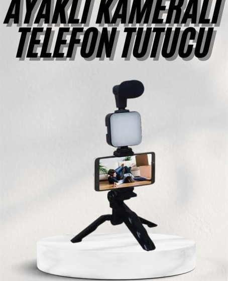 Telefon Tutucu Led Işıklı Kumandalı Mikrofon Telefon Vlog Video Kayıt
