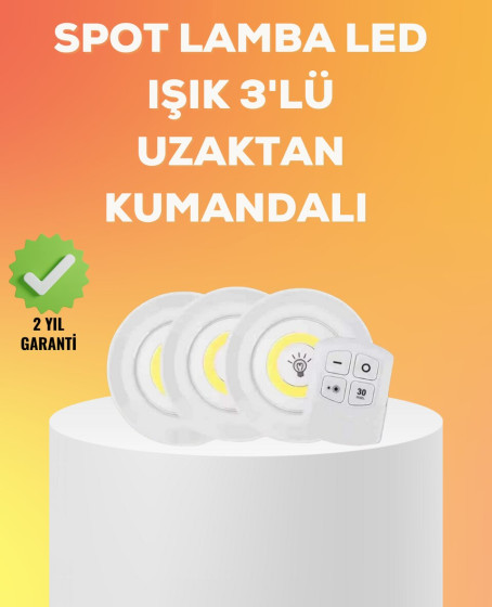Çok Amaçlı Kullanım İçin Kablosuz Yapışkanlı 3 Lü Uzaktan Kumandalı Led Spot Lamba