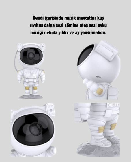 Bluetooth Müzikli Astronot Projeksiyon Lambası Yıldız ve Ay Efektli