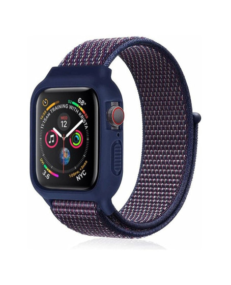 Apple Watch 38mm Hasırlı Cırtcırtlı Kasalı Kordon - Lacivert-mürdüm Apple Watch 38mm Hasırlı Cırtcırtlı Kasalı Kordon - Lacivert-mürdüm