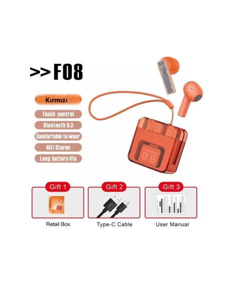 F08 Dijital Şarj Göstergeli Tws Bluetooth Kulaklık - Kırmızı F08 Dijital Şarj Göstergeli Tws Bluetooth Kulaklık - Kırmızı