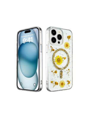 Apple İphone 15 Pro Max Kılıf Daisy Simli Magsafe Kapak - Gold