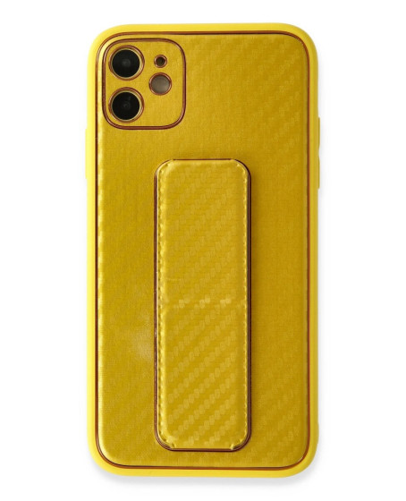 Apple İphone 12 Kılıf Coco Karbon Standlı Kapak - Sarı Apple İphone 12 Kılıf Coco Karbon Standlı Kapak - Sarı