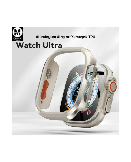Apple Watch Ultra 49mm Mo-wt3 Alüminyum Camlı Kasa Ekran Koruyucu - Gold Apple Watch Ultra 49mm Mo-wt3 Alüminyum Camlı Kasa Ekran Koruyucu - Gold