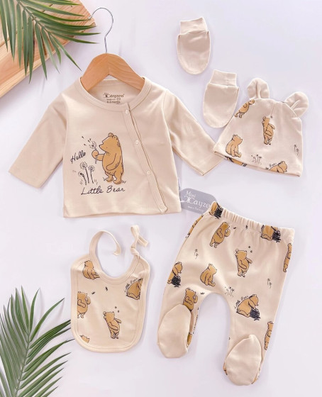 Hello Little Bear Baskılı 5 Parça %100 Pamuk Erkek Bebek Hastane Çıkışı Hello Little Bear Baskılı 5 Parça %100 Pamuk Erkek Bebek Hastane Çıkışı