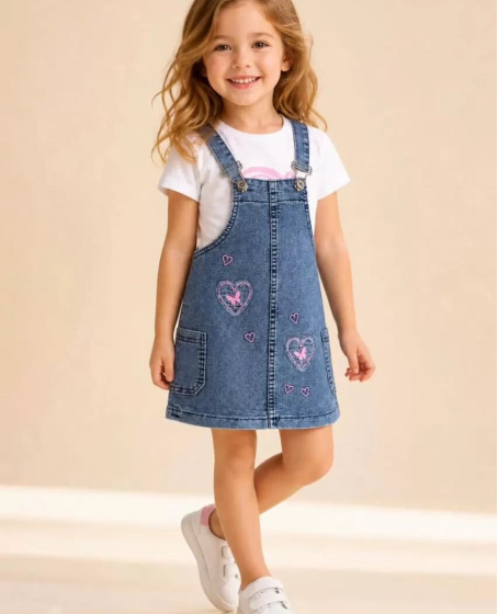 3/7 Yaş Etekli Denim Salopet Çocuk Takımı