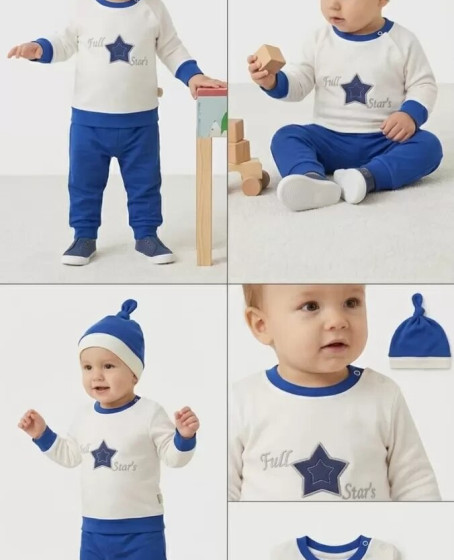 3-6 6-9 9-12 Ay Full Star Nakışlı Şapkalı Uzun Kollu Sweat 3lü Erkek Bebek Takımı