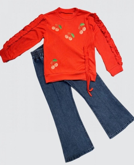 4-5-6 Yaş Kot Pantolonlu Kiraz Desenli Penye Sweat Uzun Kollu 2li Kız Çocuk Takımı Kırmızı