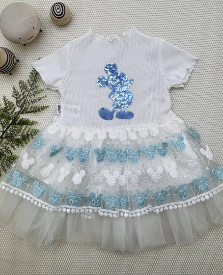 1-2-3 Yaş Payetli Mickey Baskılı Brode Etekli Kız Bebek Elbisesi Turkuaz
