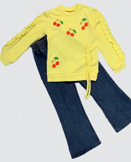 4-5-6 Yaş Kot Pantolonlu Kiraz Desenli Penye Sweat Uzun Kollu 2li Kız Çocuk Takımı Sarı