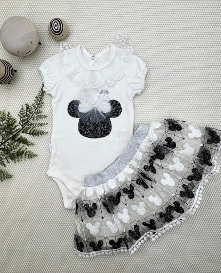 1-2-3 Yaş Payetli Mickey Nakışlı Kısa Kollu Brode Etekli 2li Kız Bebek Takımı Siyah