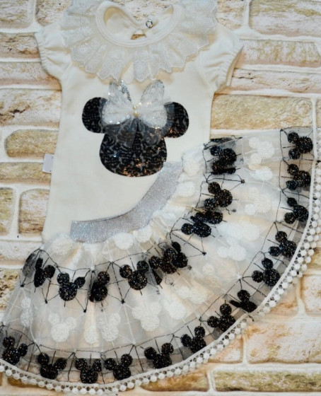 1-2-3 Yaş Payetli Mickey Nakışlı Kısa Kollu Brode Etekli 2li Kız Bebek Takımı Siyah
