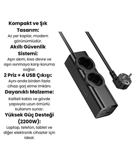 67w Hızlı Şarjlı Akıllı Çoklu Priz – 2000w Güç, 2 Usb-c + 2 Usb-a Çıkışlı, Telefon & Laptop Uyumlu