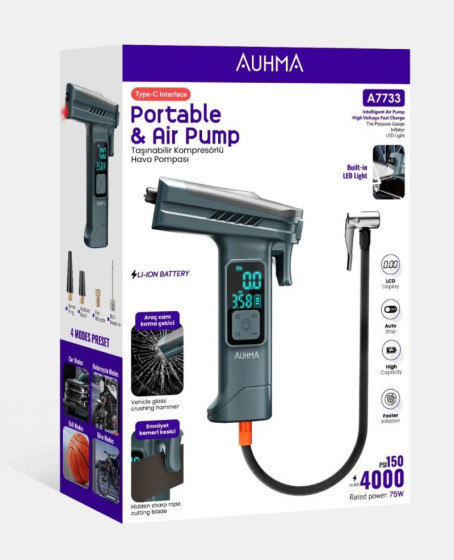 Araba Hava Pompası 4’ü 1 Arada: Kompresör + Cam Kırıcı + Kemer Kesici + Led Işık Şarjlı 4000mah Araç Kompresörlü Araba Hava Pompası 4’ü 1 Arada: Kompresör + Cam Kırıcı + Kemer Kesici + Led Işık Şarjlı 4000mah Araç Kompresörlü