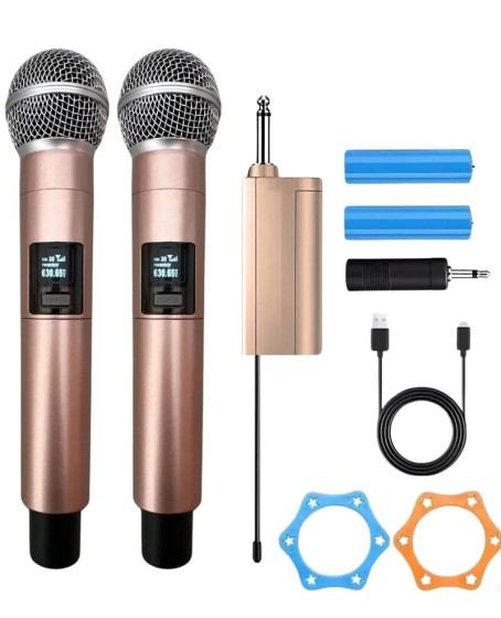 Profesyonel Çiftli Kablosuz Mikrofon Seti Karaoke Şarj Edilebilir 50 Metre Mesafe Rose