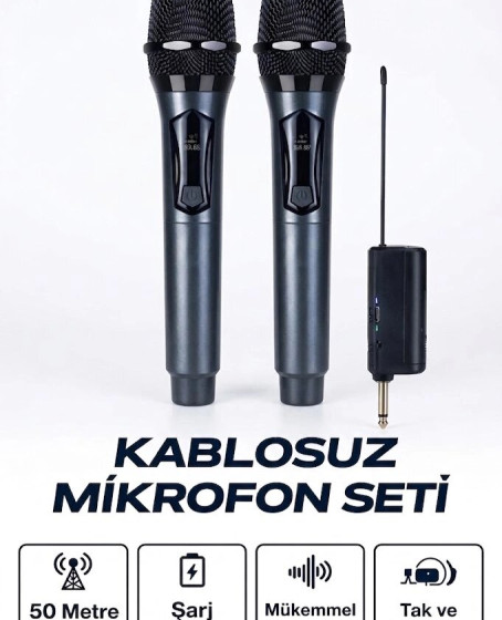 Profesyonel Çiftli Kablosuz Mikrofon Seti Karaoke Şarj Edilebilir 50 Metre Profesyonel Çiftli Kablosuz Mikrofon Seti Karaoke Şarj Edilebilir 50 Metre