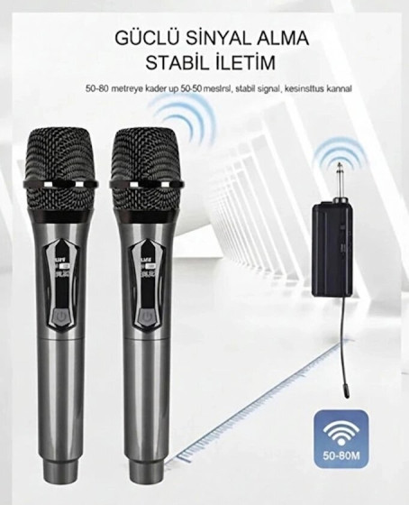 Profesyonel Çiftli Kablosuz Mikrofon Seti Karaoke Şarj Edilebilir 50 Metre Profesyonel Çiftli Kablosuz Mikrofon Seti Karaoke Şarj Edilebilir 50 Metre