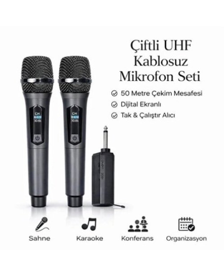 Profesyonel Çiftli Kablosuz Mikrofon Seti Karaoke Şarj Edilebilir 50 Metre Profesyonel Çiftli Kablosuz Mikrofon Seti Karaoke Şarj Edilebilir 50 Metre