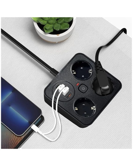 Akım Korumalı Anahtarlı Priz - 3x Priz - 2x Usb - 2x Type-c - 2 Mt Kablo Hızlı Şarj Özellikli Siyah Akım Korumalı Anahtarlı Priz - 3x Priz - 2x Usb - 2x Type-c - 2 Mt Kablo Hızlı Şarj Özellikli Siyah