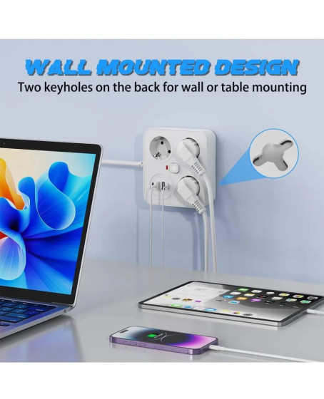 Akım Korumalı Anahtarlı Priz - 3x Priz - 2x Usb - 2x Type-c - 2 Mt Kablo Hızlı Şarj Özellikli Siyah Akım Korumalı Anahtarlı Priz - 3x Priz - 2x Usb - 2x Type-c - 2 Mt Kablo Hızlı Şarj Özellikli Siyah