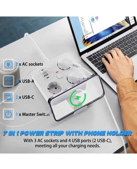 Akım Korumalı Anahtarlı Priz - 3x Priz - 2x Usb - 2x Type-c - 2 Mt Kablo Hızlı Şarj Özellikli Siyah Akım Korumalı Anahtarlı Priz - 3x Priz - 2x Usb - 2x Type-c - 2 Mt Kablo Hızlı Şarj Özellikli Siyah